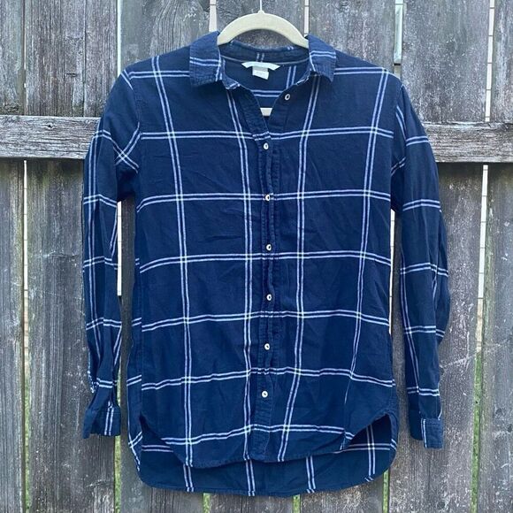 H&M Navy Window Pane Plaid Button Down stop | 2 - Picture 1 of 3